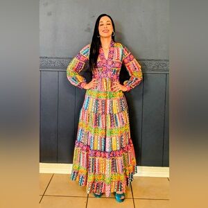 Victor Costa Multicolor Long Sleeve Dress